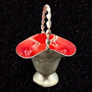 Vintage Norway Mid Century Modern Pewter Small Basket Red Metal Enameled 4”T